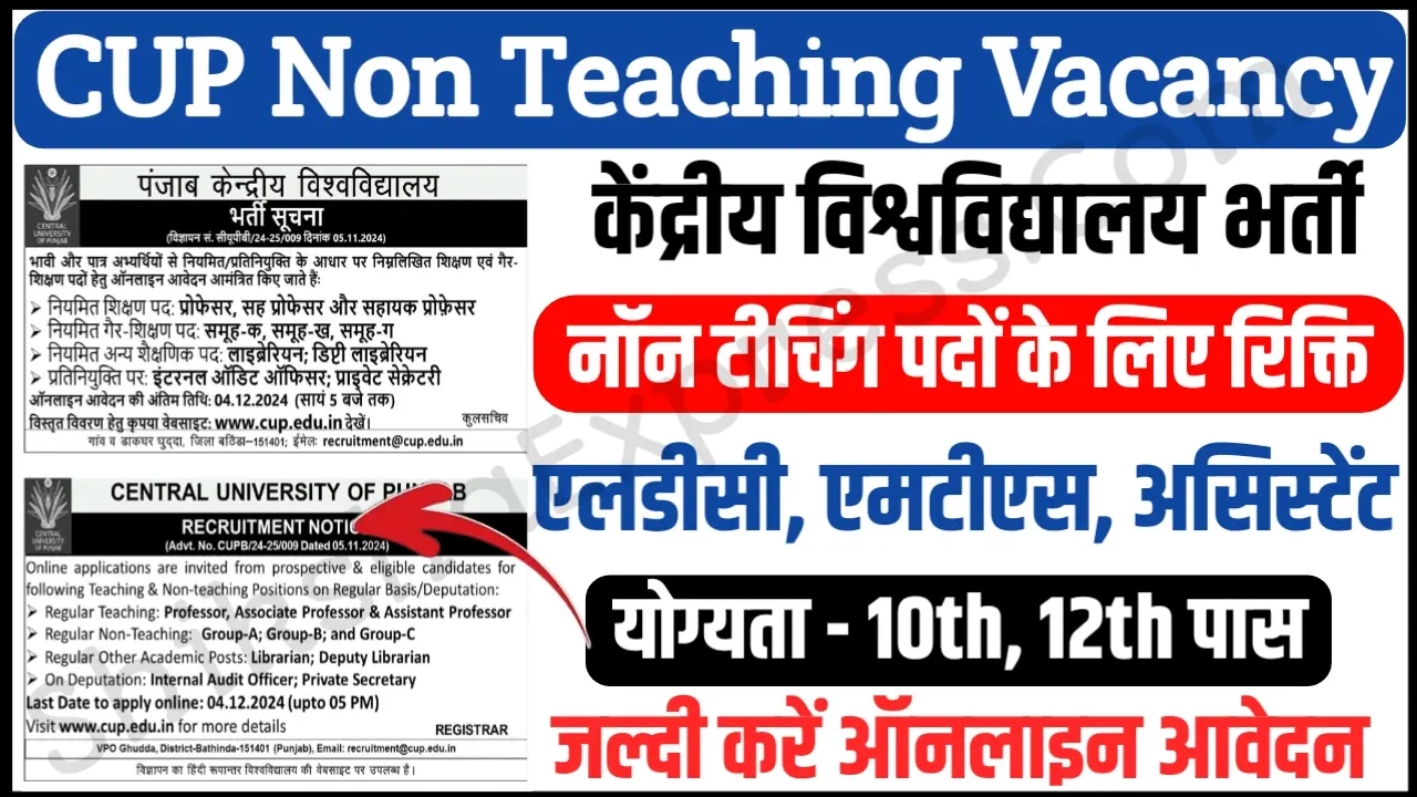 CUP Non Teaching Recruitment 2024 LDC, MTS, PA Notification Apply Online